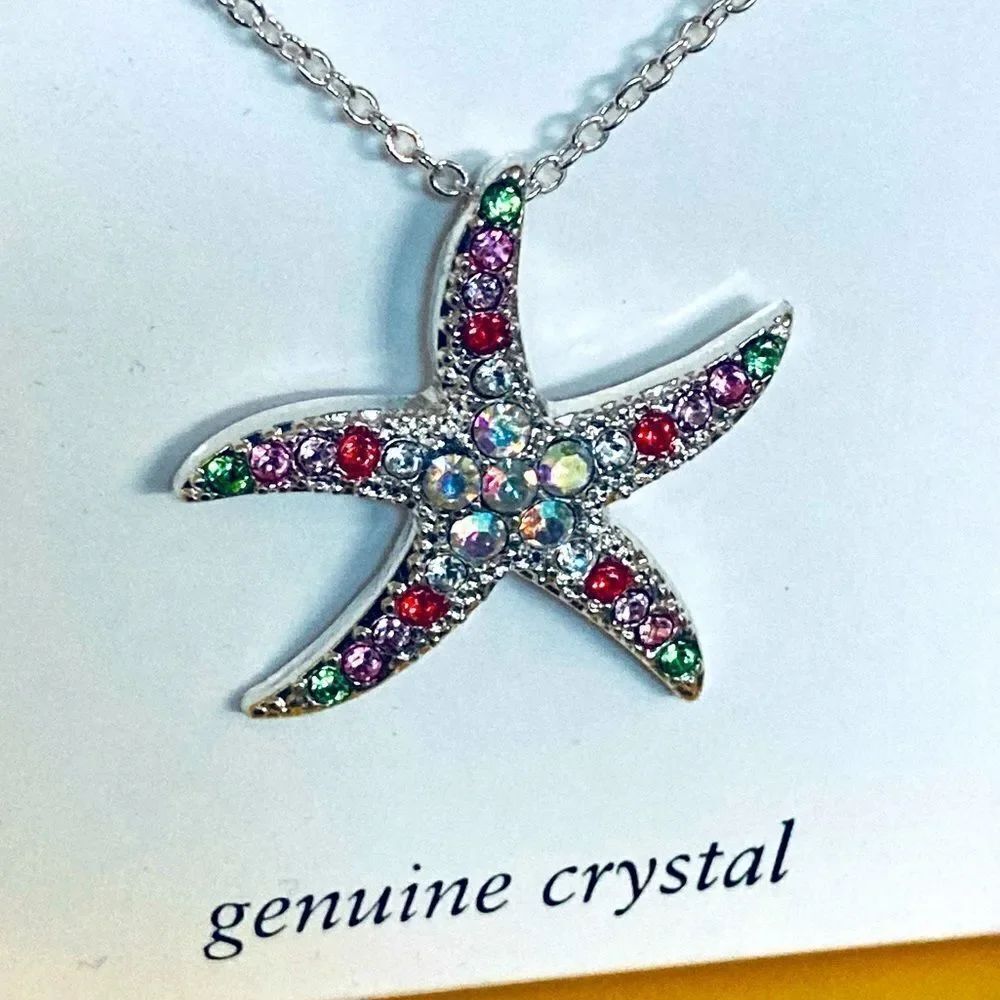 Crystal Starfish Silver Pendant Chain Necklace
